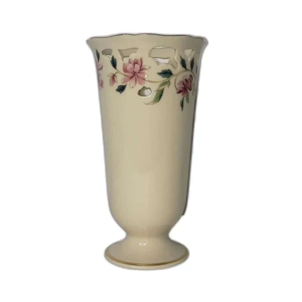 LENOX Barrington Vintage 90s Ecru Floral Pierced Vase